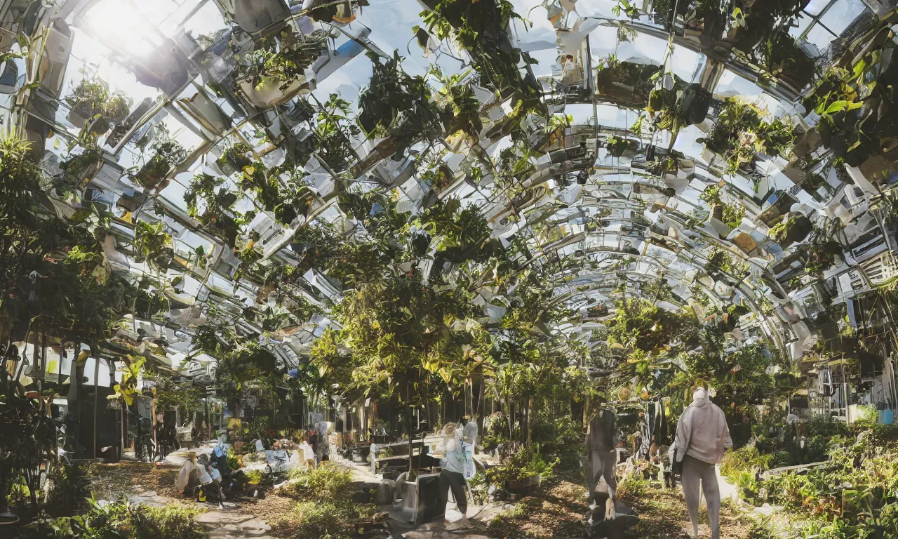 Image similar to candid photo of sunrise atmospherics in a futuristic solarpunk utopia, hanging solar gardens with animals and humans walking in peace, brilliant daylight, leica 8 k still from an a 2 4 film