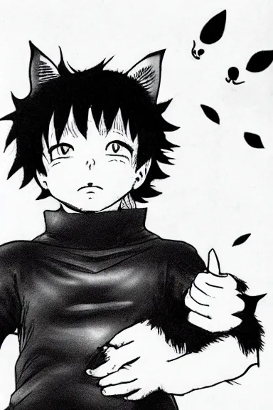 Image similar to attractive little boy in cat suit, black and white artwork made by kentaro miura and yoshihiro togashi