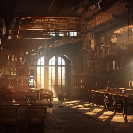 Image similar to ultra mega super hyper realistic Digital concept interior design of Cyberpunk tavern mixed with medieval style. Natural sunlight from the transperient roof . Rendered in VRAY and DaVinci Resolve and MAXWELL and LUMION 3D, Volumetric natural light