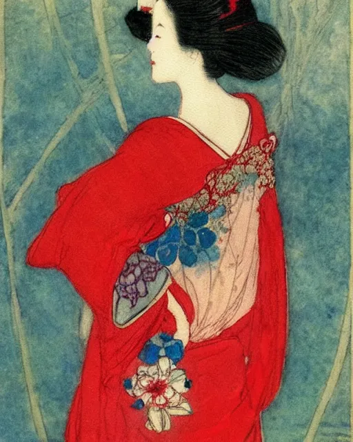 Image similar to a painting of a geisha in a red dress by Warwick Goble, pinterest, art nouveau, made of flowers, pre-raphaelite, impressionism