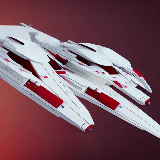 Image similar to two sleek white long intricate spacecraft with red details, no wings, highly detailed, photorealistic, cinematic, sci-fi, octane render