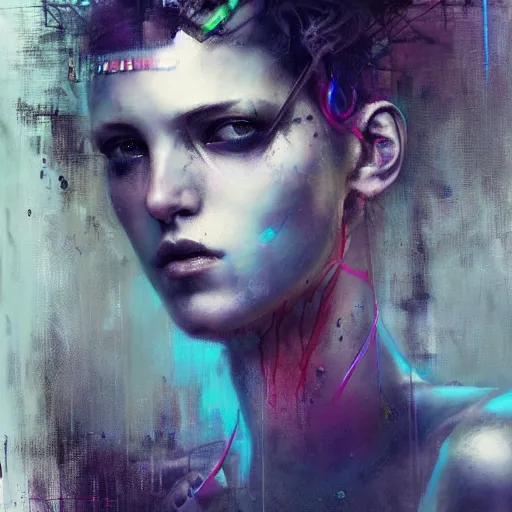 Image similar to female cyberpunk portrait by cy Twombly and BASTIEN LECOUFFE DEHARME, iridescent