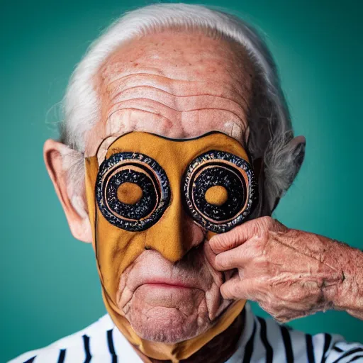 Image similar to an elderly man wearing a mask made from cinnabon, bold natural colors, national geographic photography, masterpiece, 8 k, raw, unedited, symmetrical balance