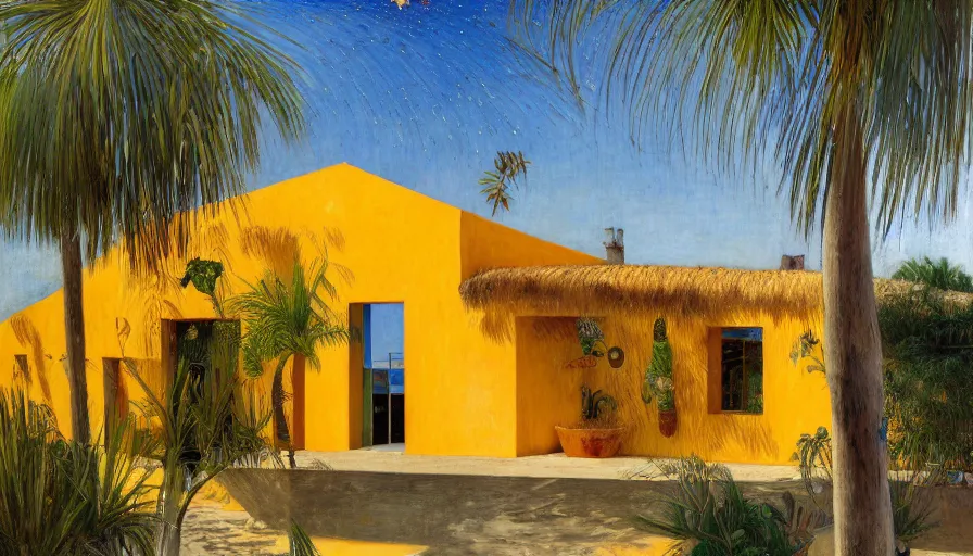 Image similar to a 1 9 9 8 southern spain house designed by arthur bispo do rosario, jules bastien - lepage, tarsila do amaral, frank weston and gustave baumann, trending on artstation, mediterranean, star, sharp focus, colorful refracted sparkles and lines, soft light, 8 k 4 k