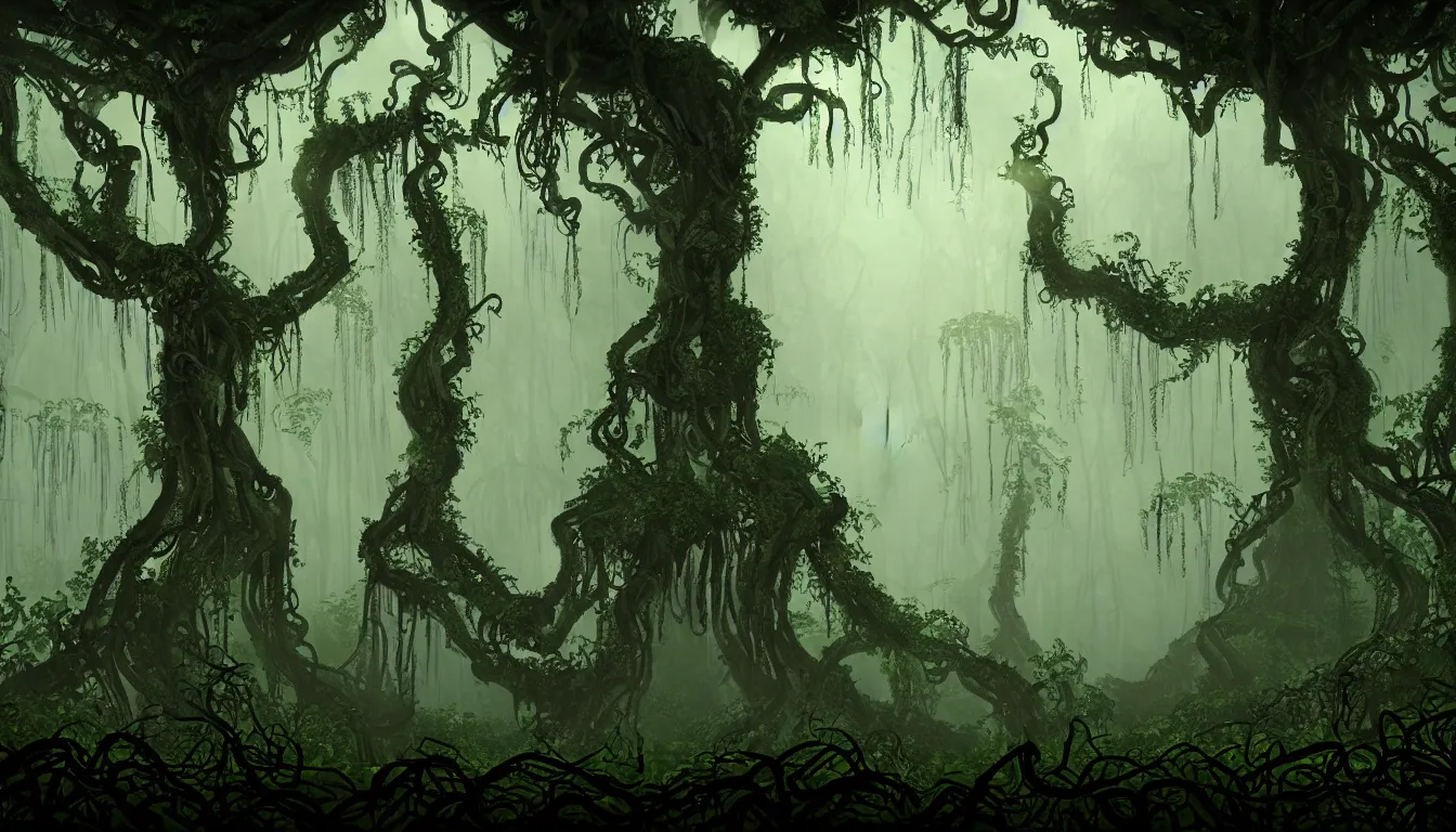 Image similar to eerie and dark deep mayan jungle forest realm biodiversity , side-scrolling 2d platformer game level, swirling clouds of magical fog through the trees, web of vines, ancient temple gigantic statue guardians in ruins in the background between the tree trunks, dramatic dusk sun illuminates areas, volumetric light , detailed entangled roots carpet the forest floor, rich color, upscale , 8k