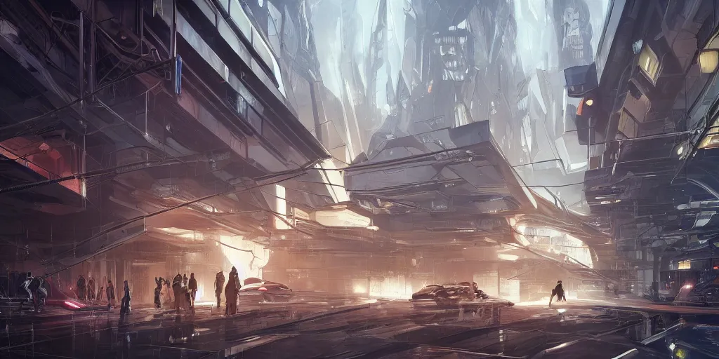 Prompt: a futuristic exterior mass effect and bladerunner building, multi - layer, large pipes, metal cladding wall, intricate wires, some stalls, back alley, intricate bridges between buildings, some floating billboards, backlit, shadow play, by eddie mendoza, syd mead