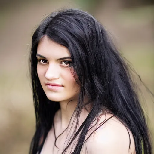 Image similar to young woman with long messy black hair, slightly smiling, 1 3 5 mm nikon portrait