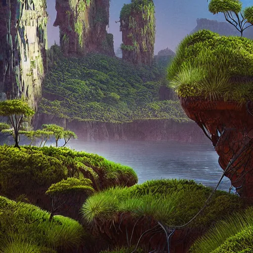 Image similar to digital art of a lush natural scene on an alien planet by mike beeple winklemann. extremely detailed. science fiction. beautiful landscape. weird vegetation. cliffs and water.