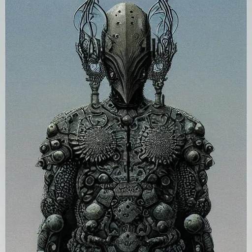 Prompt: final boss. wearing intricate breastplate. full body dynamic pose. by Zdzisław Beksiński