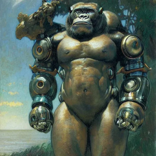 Image similar to highley detailed potrait of an anatomically correct gorilla mecha, painting by gaston bussiere, craig mullins, j. c. leyendecker, lights, art by ernst haeckel, john william godward, hammershøi,