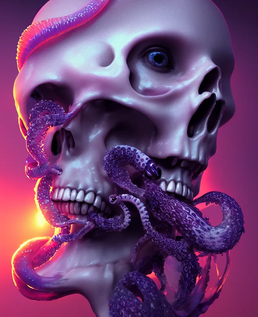 Image similar to goddess close - up portrait human skull, ram skull, squid phoenix jellyfish, orchid, betta fish, bioluminiscent, intricate artwork by tooth wu and wlop and beeple. octane render, trending on artstation, greg rutkowski very coherent symmetrical artwork. cinematic, hyper realism, high detail, octane render, 8 k