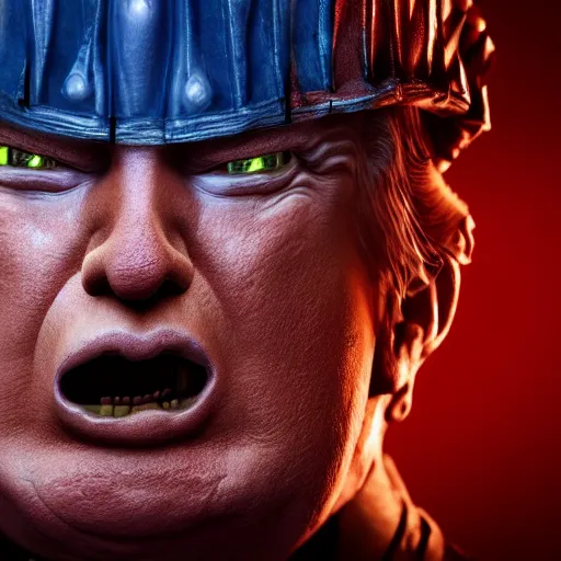 Prompt: donald trump as a clown in gears of war, splash art, movie still, cinematic lighting, ray tracing, detailed face, octane render, long lens, shallow depth of field, bokeh, anamorphic lens flare, 8 k, hyper detailed, 3 5 mm film grain