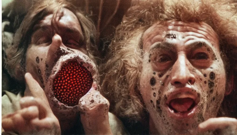 Image similar to 70s movie still of a man yelling with trypophobia flesh in hospital, eastmancolor, heavy grain, high quality, higly detailed, liminal space