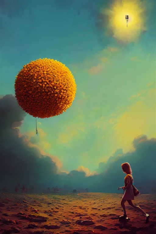 Image similar to giant corn flower head, girl walking on the moon, surreal photography, sunrise, dramatic light, impressionist painting, colorful clouds, digital painting, artstation, simon stalenhag