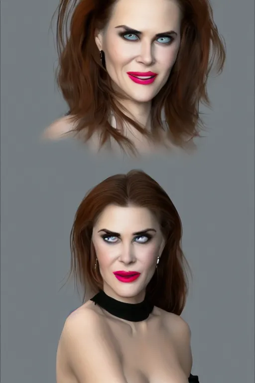 Image similar to mix of beautiful young maria shriver, mariel hemmingway, brooke shields, nicole kidman and elle macpherson as a vampire showing vampire teeth, ready to bite, thin lips, hair tied up in a pony tail, dark blonde hair, colorful, deviantart, artstation, cgsociety