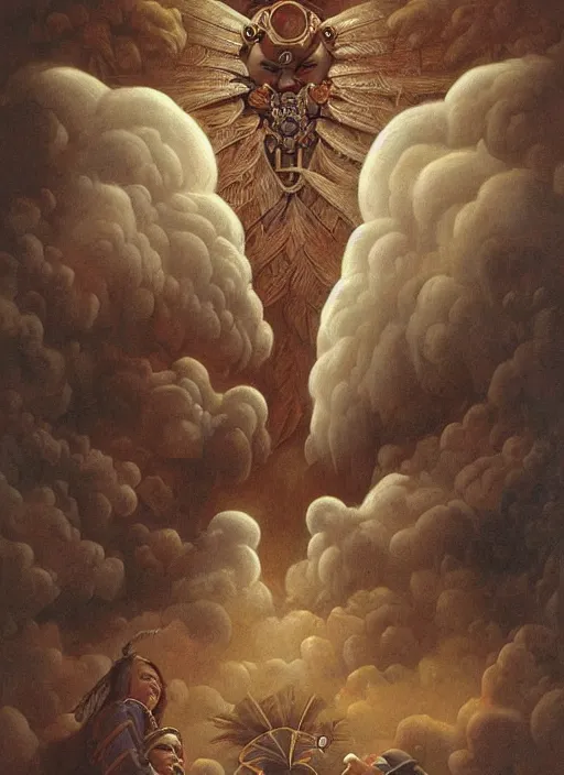 Prompt: faces of an indigenous amazonian grandfather and grandmother spirits in the clouds, smiling, protection, benevolence, ancestors, detailed faces, art by christophe vacher