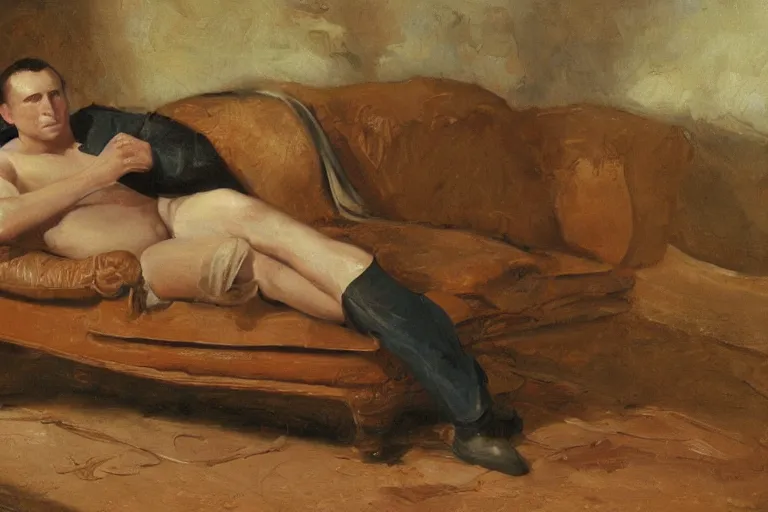 Prompt: a oil painting painting of a caucasian man wearing clothing relaxing on a brown reclined leather chair