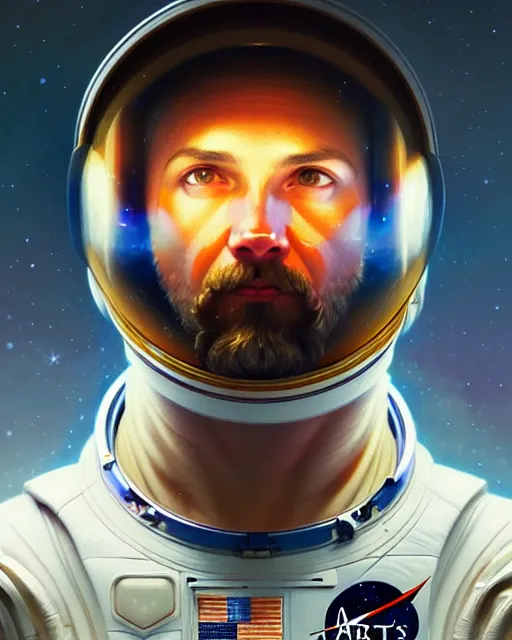 Image similar to portrait of zeus as an astronaut, intricate, highly detailed, digital painting, artstation, concept art, smooth, sharp focus, illustration, art by artgerm and greg rutkowski and alphonse mucha