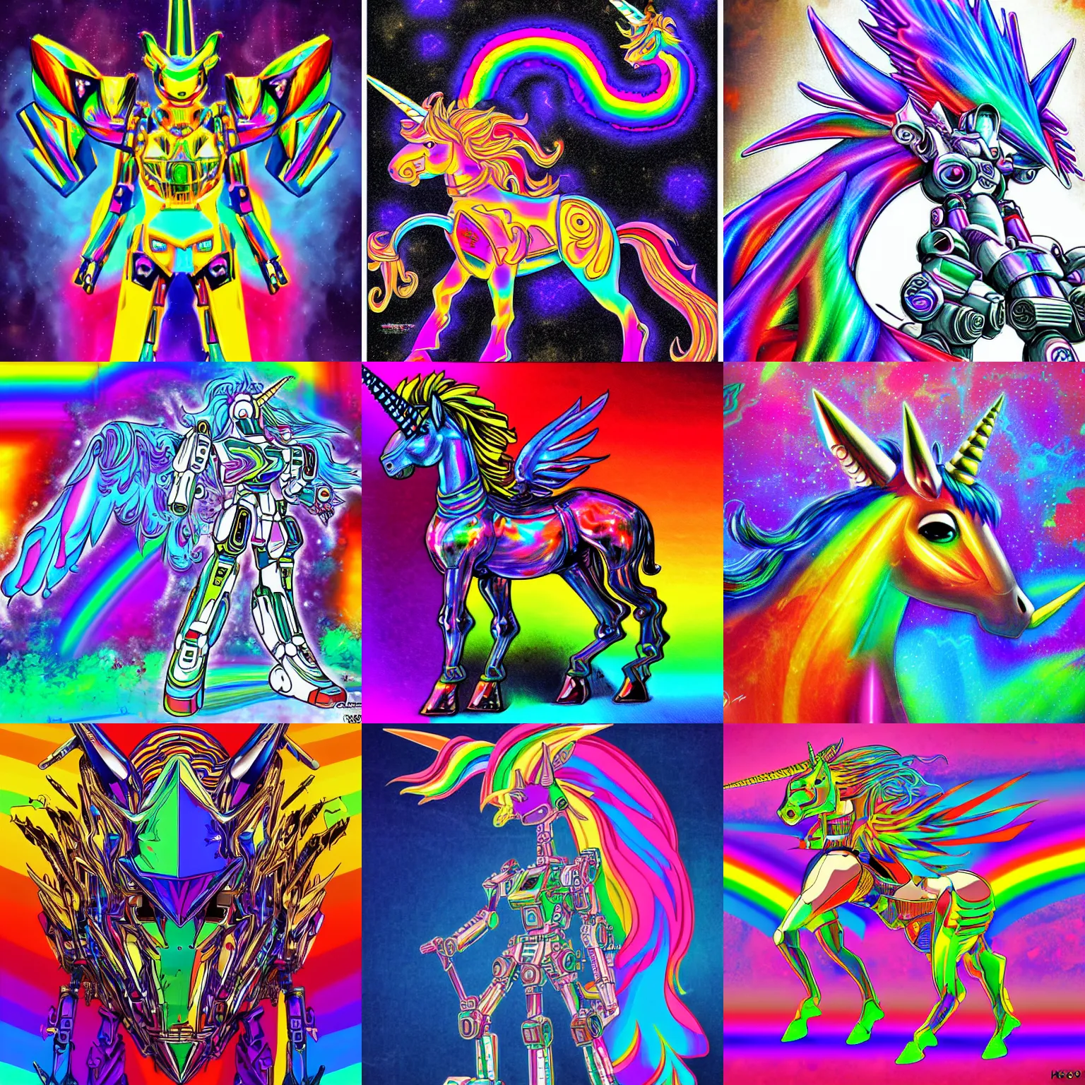 Prompt: psychedelic rainbow unicorn mecha by Makoto Kobayashi