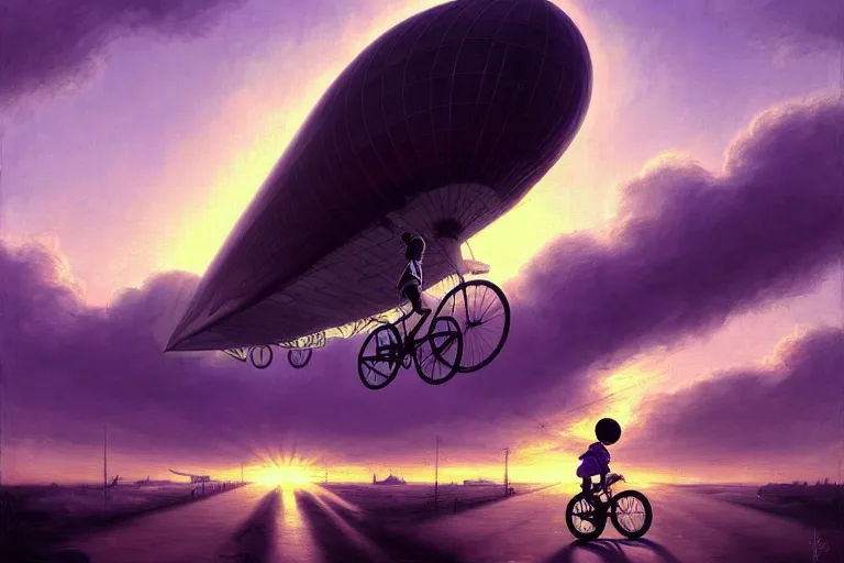 Image similar to kid rides a bicycle waving good bye to the airship at sunset, in the style of james jean, intricate and epic composition, purple by caravaggio, insanely quality, highly detailed, masterpiece, purple light, artstation, 4 k