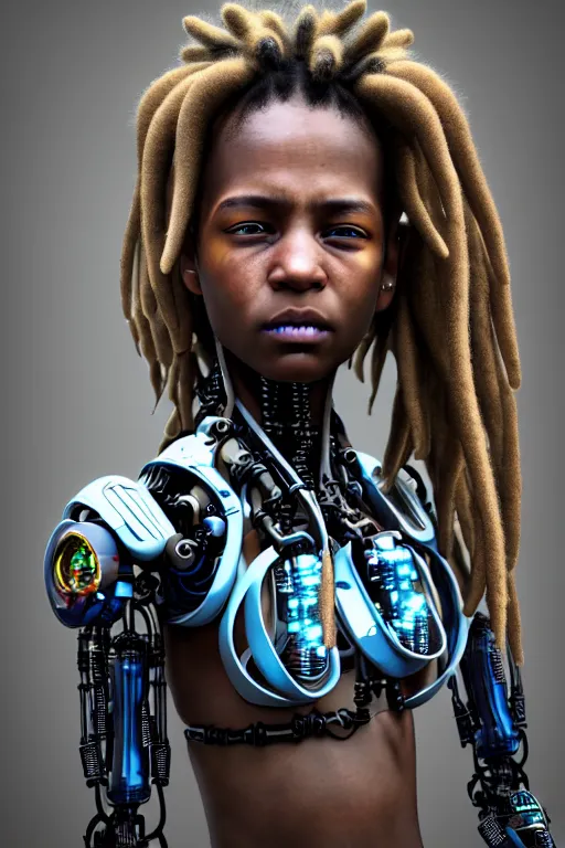 Prompt: a very detailed portrait of a young cyberpunk Africanchild with dreadlocks, biot ech, machine, photorealistic, highly detailed rendering with a cyberpunk style_ robotic arms MetaHuman, unreal engine, defined cheekbones, dramatic cinematic lighting