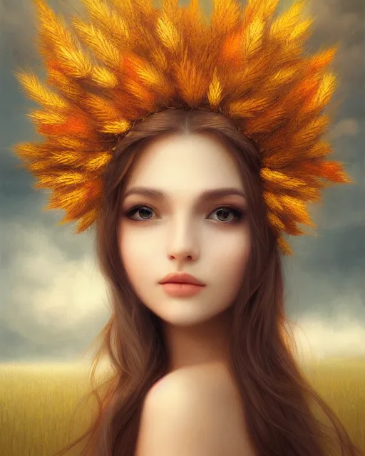 Image similar to goddess of autumn, with wheat ears on her head, half - length head portrait, dreamy, beautiful, by wlop