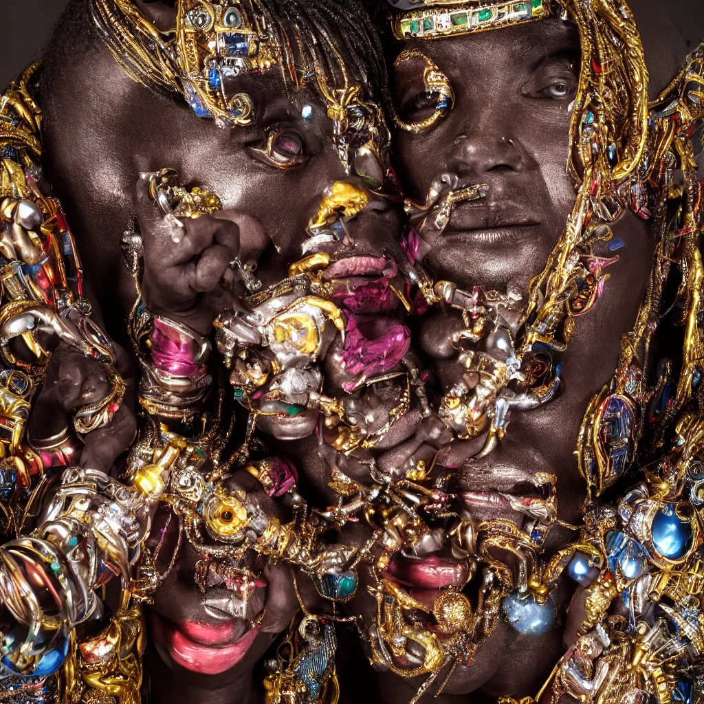 Image similar to a high-resolution color-chrome closeup portrait, hyper realistic African voodoo priest, kissing a incredible elegant alien rococo Queen, ornate jewelled, sci-fi, high-tech, beautiful low light, style Steve McCurry Octane render 8k