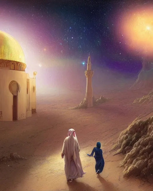 Image similar to bedouin man and woman and child in galaxy walking towards mosque surrounded by nebula, highly detailed, gold filigree, romantic storybook fantasy, soft cinematic lighting, award, disney concept art watercolor illustration by mandy jurgens and alphonse mucha and alena aenami, pastel color palette, featured on artstation