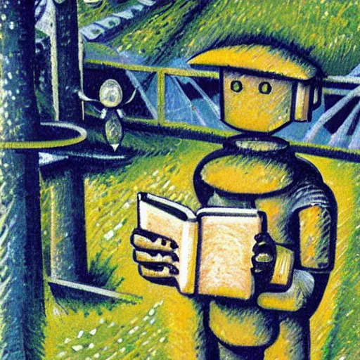 Image similar to A robot reading a book in a park, birdsview, birds, in the style of Umberto Boccioni