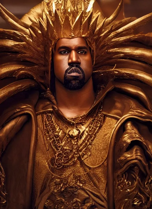 Image similar to kanye west as emperor napoleon in elden ring, splash art, movie still, cinematic lighting, dramatic, octane render, long lens, shallow depth of field, bokeh, anamorphic lens flare, 8 k, hyper detailed, 3 5 mm film grain