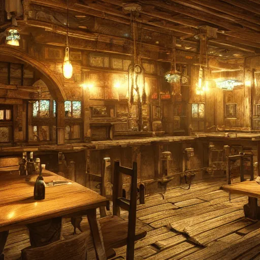 Prompt: Realistic Interior Concept design of very very very highly detailed Tavern in Mixed style of Medieval and in style of Cyberpunk, Many details by Hiromasa Ogura. More cyberpunk less Medieval. Panorama 360 degrees Rendered in unreal engine 5, artstationHD, 4k, 8k, 3d render, 3d Houdini, cinema 4d, octane RTX volumetric natural light without Yellow hue