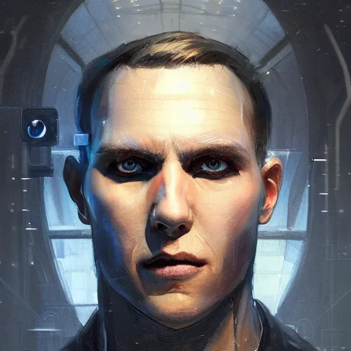 Image similar to Portrait of a man by Greg Rutkowski, symmetrical face, an young man with a VR Heaset above his eyes, Kubric Stare, cold, twisted and sinister smile, highly detailed portrait, scifi, digital painting, artstation, book cover, cyberpunk, concept art, smooth, sharp foccus ilustration, Artstation HQ