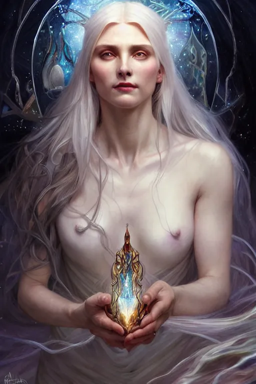 Image similar to realistic portrait of a beautiful white witch, crafting spells, bright witch, beautiful face, fantasy, chaos, magic, dark magic, dramatic lighting, intricate, wild, highly detailed, digital painting, artstation, concept art, smooth, sharp focus, illustration, art by artgerm and greg rutkowski and alphonse mucha, footage from space camera