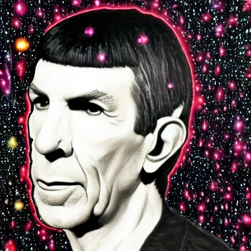 Prompt: A close-up portrait of Leonard Nimoy made out of stars and planets