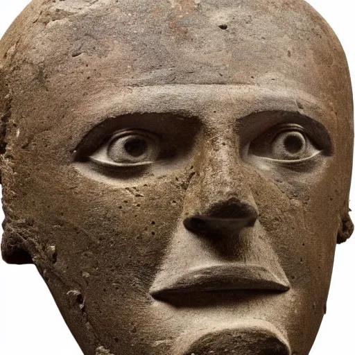 Image similar to an extremely ancient ironman bust that is tarnished and covered in sediment from uncovered earth expedition, rare photograph, smithsonian,