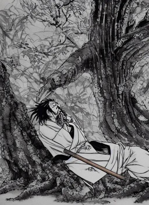 Image similar to a samurai resting beneath a giant tree, by takehiko inoue and kim jung gi and hiroya oku, masterpiece ink illustration, realistic face and anatomy