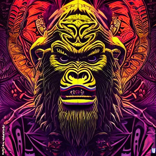 Prompt: barong family member, wiwek, mara demon, one single tribe member, jungle, one single mask, dark, ancient warrior, gorilla, lizard, tribal, inner glow, art by dan mumford and justin gerard and andy warhol