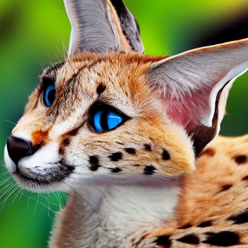 Prompt: beautiful photo of a serval with exotic black markings and blue eyes, 4 k, studio lighting, global illumination, detailed, front page of art station