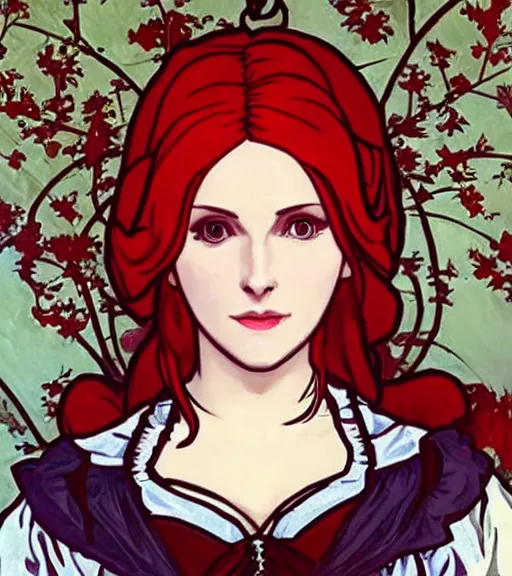 Prompt: Portrait of Triss from the Witcher 3 wearing red gothic lolita dress, perfectly drawn hands, beautiful, 4k, smooth, sharp focus, art by Alphonse Mucha and Shirow Masamune