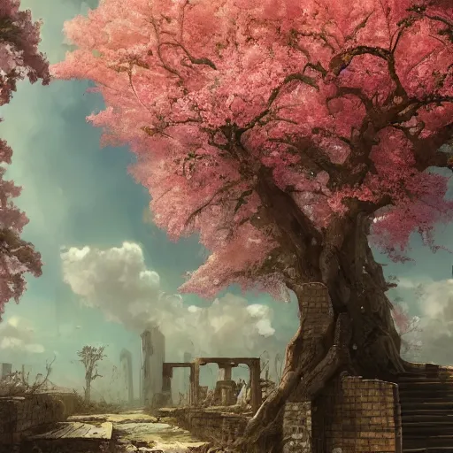Prompt: apocalyptic ruins. One single lush Sakura tree growing. Atmospheric lighting, gloomy, dark, end of the world, ruins, everything is dead, post apocalyptic. Makoto Shinkai, anime, trending on ArtStation, digital art.
