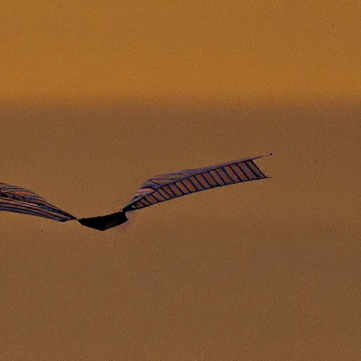 Prompt: close up of an Ornithopter. Dune in background, setting sun. Biblical painting