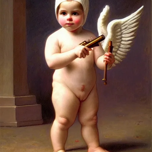 Prompt: full body portrait of a baby cupid with angel wings wearing balaclava mask, holding a gun, emile munier 1 8 9 5, french, cupid, boy, angel, painting, global illumination, radiant light, detailed and intricate environment h 6 4 0