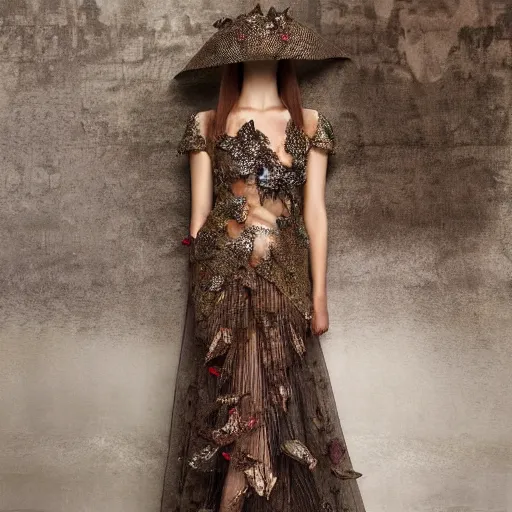 Image similar to exclusive evening dress made of bronze transparent fabric fantasy with colored flower petals made of fabric. intricate asymmetrical patterns. an elegant hat. hyperrealistic photos, clear details.