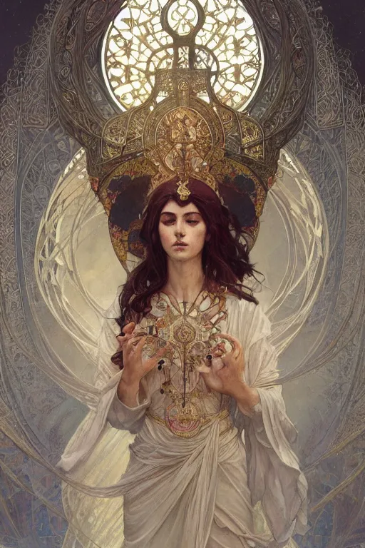 Prompt: a full body portrait of a beautiful ethereal delicate babylonian mage queen meditative sacral pose catholic stages of the cross, intricate, elegant, highly detailed, digital painting, artstation, concept art, smooth, sharp focus, illustration, art by krenz cushart and artem demura and alphonse mucha