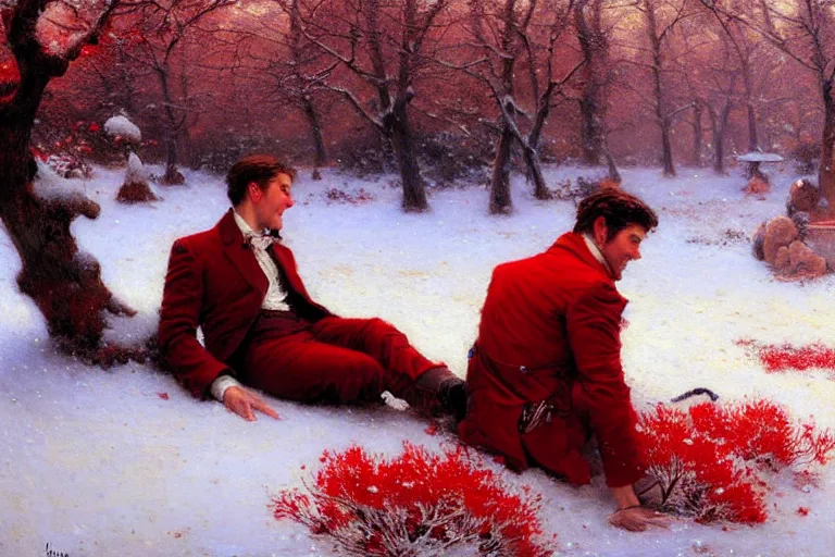 Image similar to winter, a clean - shaven white businessman relaxing under a world tree with red flowers, ground covered with snow, extreme long shot, painting by gaston bussiere, craig mullins, j. c. leyendecker, trending on artstation