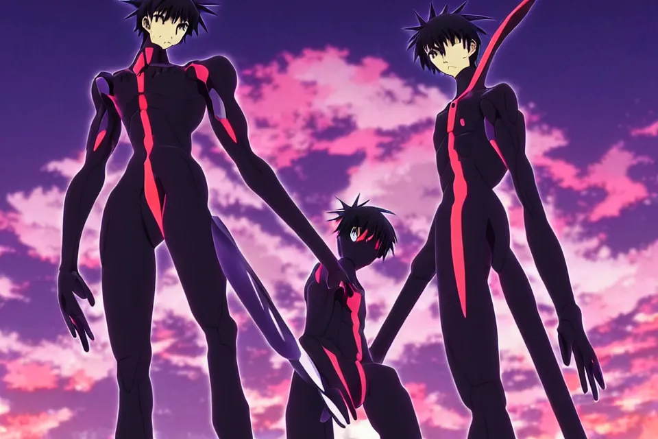 Prompt: anime illustration of black detailed evangelion eva - 0 1 standing menacingly behind ikari shinji copying his pose, cinematic lighting, evangelion anime poster, rebuild of evangelion 1 0 8 0 p, 9 0 s anime aesthetic, volumetric lights, rule of thirds, unreal engine render, pinterest wallpaper, trending on artstation