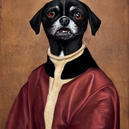 Image similar to portrait of black pugalier dog wearing an elvis costume, renaissance style painting