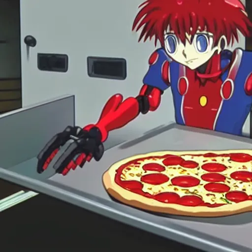 Prompt: Italian evangelion robot making pizza, gainax anime style, still from anime