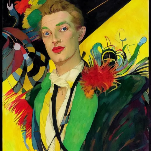 Image similar to art by joshua middleton, the creeper, a tall manically smiling yellow - skinned man with green and black striped cycling shorts and wearing a long red feather boa, mucha, kandinsky, poster, comic art, stylised design