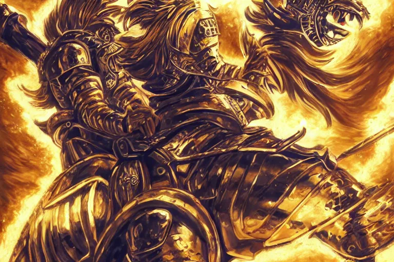 Image similar to an ultra detailed portrait of king richard the lionhearted as a shonen anime protagonist charging into battle wearing bright gold armor and riding a horse bless by god, 8 k, volumetric lighting, smooth, highly detailed, digital illustration, art by kentaro miura and akira toriyama and artgerm